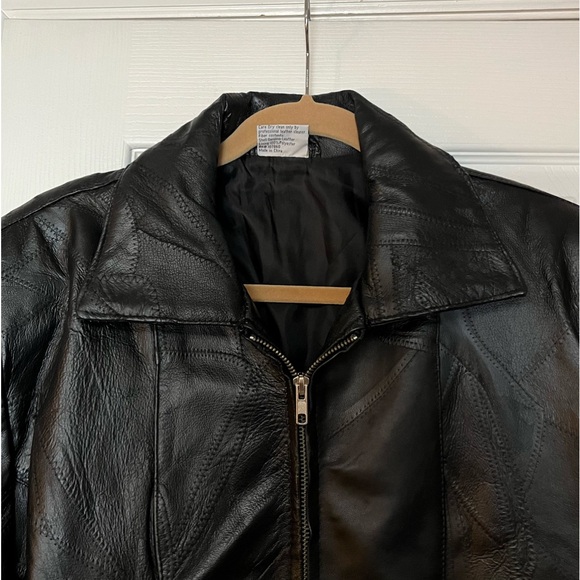 Vintage Flight Path Black Genuine Leather Monochromatic Patchwork Zip Up Jacket - Picture 3 of 9